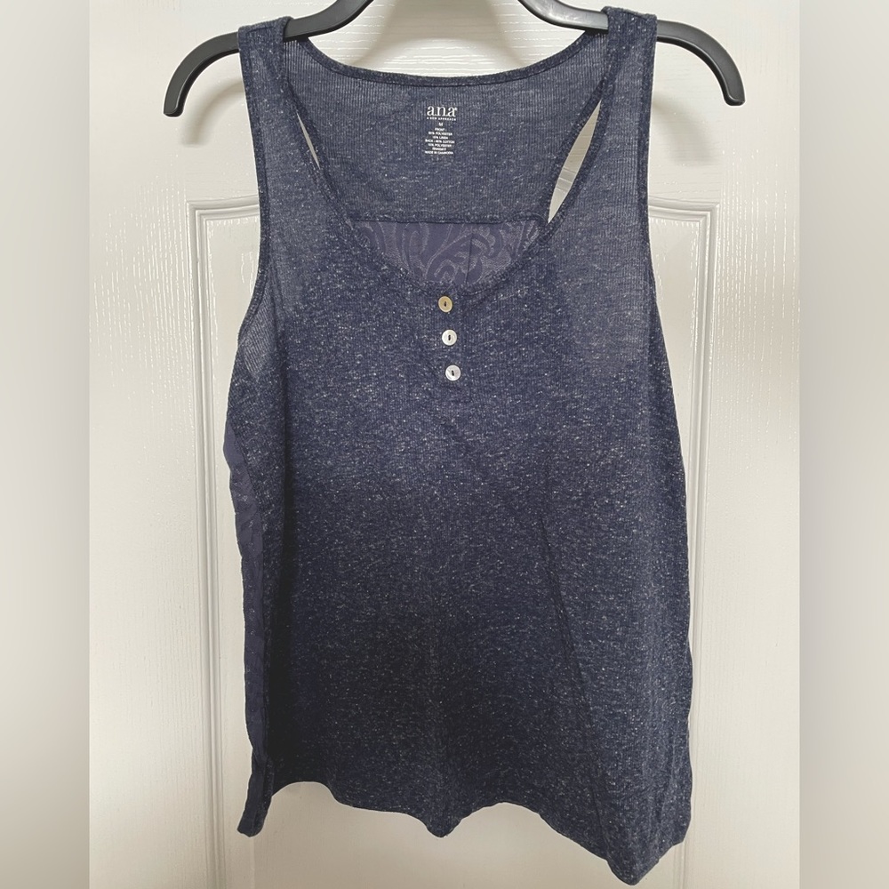 ANA a.n.a. knit and lace tank top size Medium- heathered blue, lace back